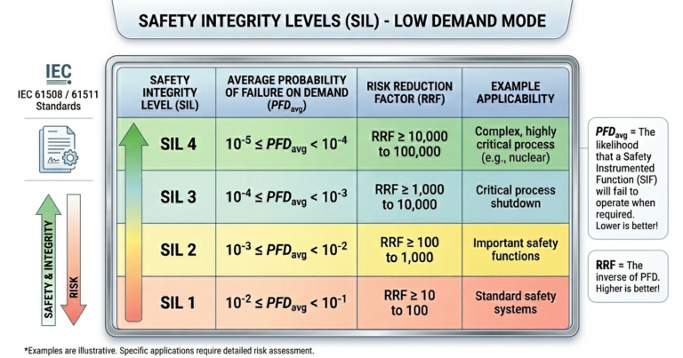 A technical chart showing Safety Integrity Levels (SIL 1 to SIL 4) with corresponding Average Probability of Failure on Demand (PFDavg) and Risk Reduction Factors (RRF) according to IEC 61508 standards