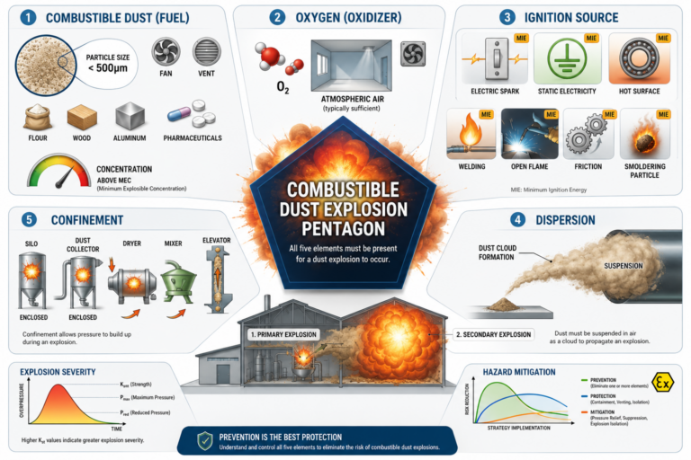 Dust explosion pentagon showing ignition oxygen fuel dispersion and confinement
