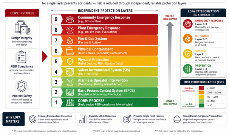 Layer of Protection Analysis (LOPA) diagram showing process safety layers from core process to emergency response and risk reduction levels