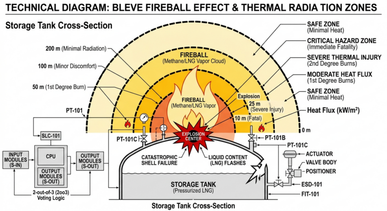 QRA methodology diagram of an LNG storage tank BLEVE fireball, showing thermal radiation zones with specific impact radii for fatal injury, 2nd-degree burns, and minor discomfort