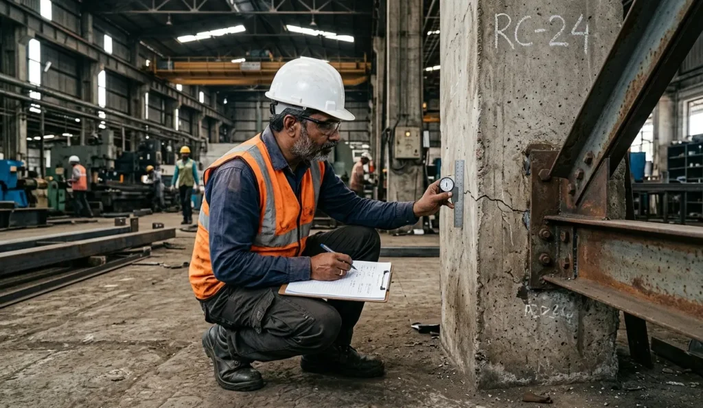 Structural engineer performing safety assessment of industrial building