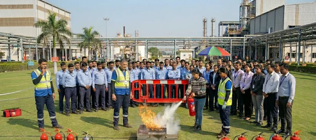 Employees participating in practical fire extinguisher handling training