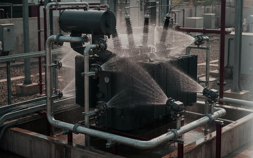 MVWS and HVWS water spray system protecting an industrial transformer