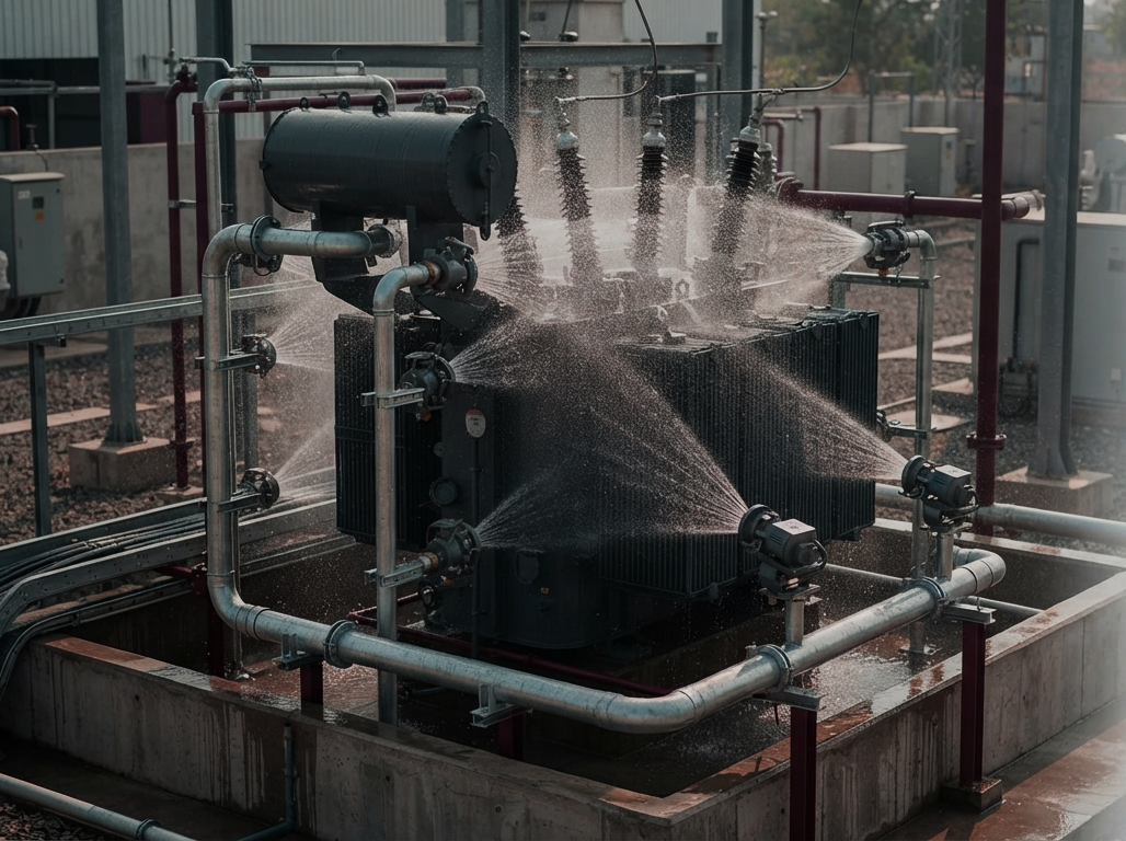 MVWS and HVWS water spray system protecting an industrial transformer