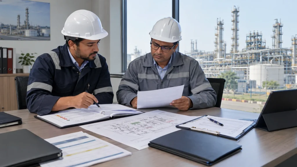 Process safety professionals reviewing hazardous chemical inventory and safety audit documentation