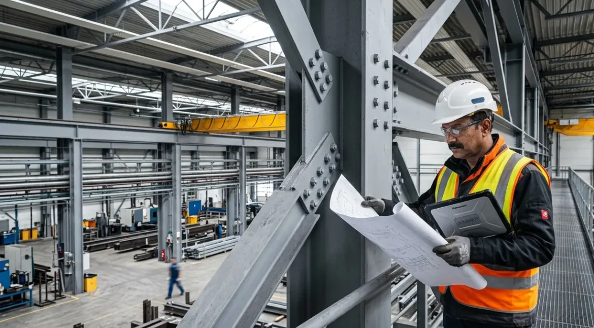 Structural engineer performing structural audit of an industrial steel structure