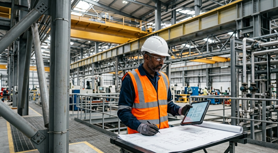 Structural engineer assessing an industrial building for structural stability certification