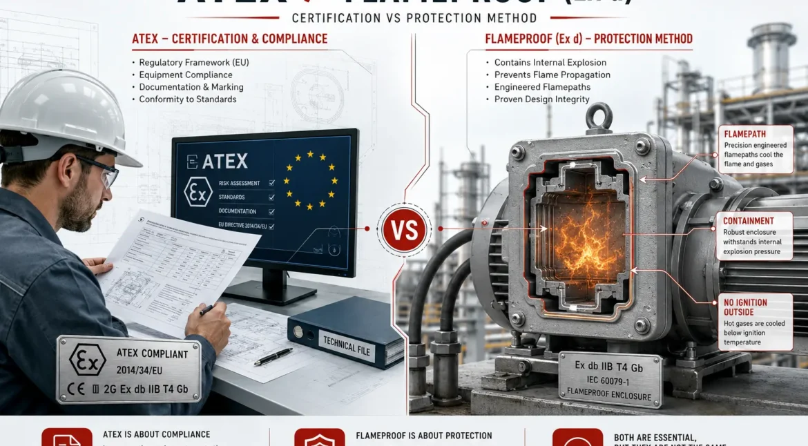Comparison illustrating the difference between ATEX certification and Flameproof (Ex d) protection for hazardous area equipment under IEC 60079.