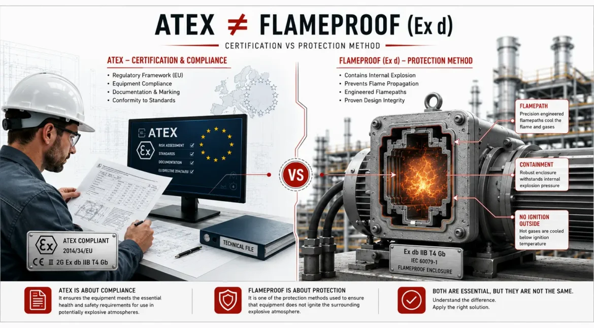 Comparison illustrating the difference between ATEX certification and Flameproof (Ex d) protection for hazardous area equipment under IEC 60079.