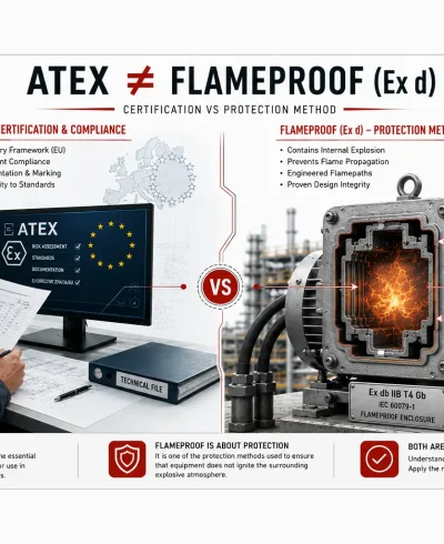 Comparison illustrating the difference between ATEX certification and Flameproof (Ex d) protection for hazardous area equipment under IEC 60079.