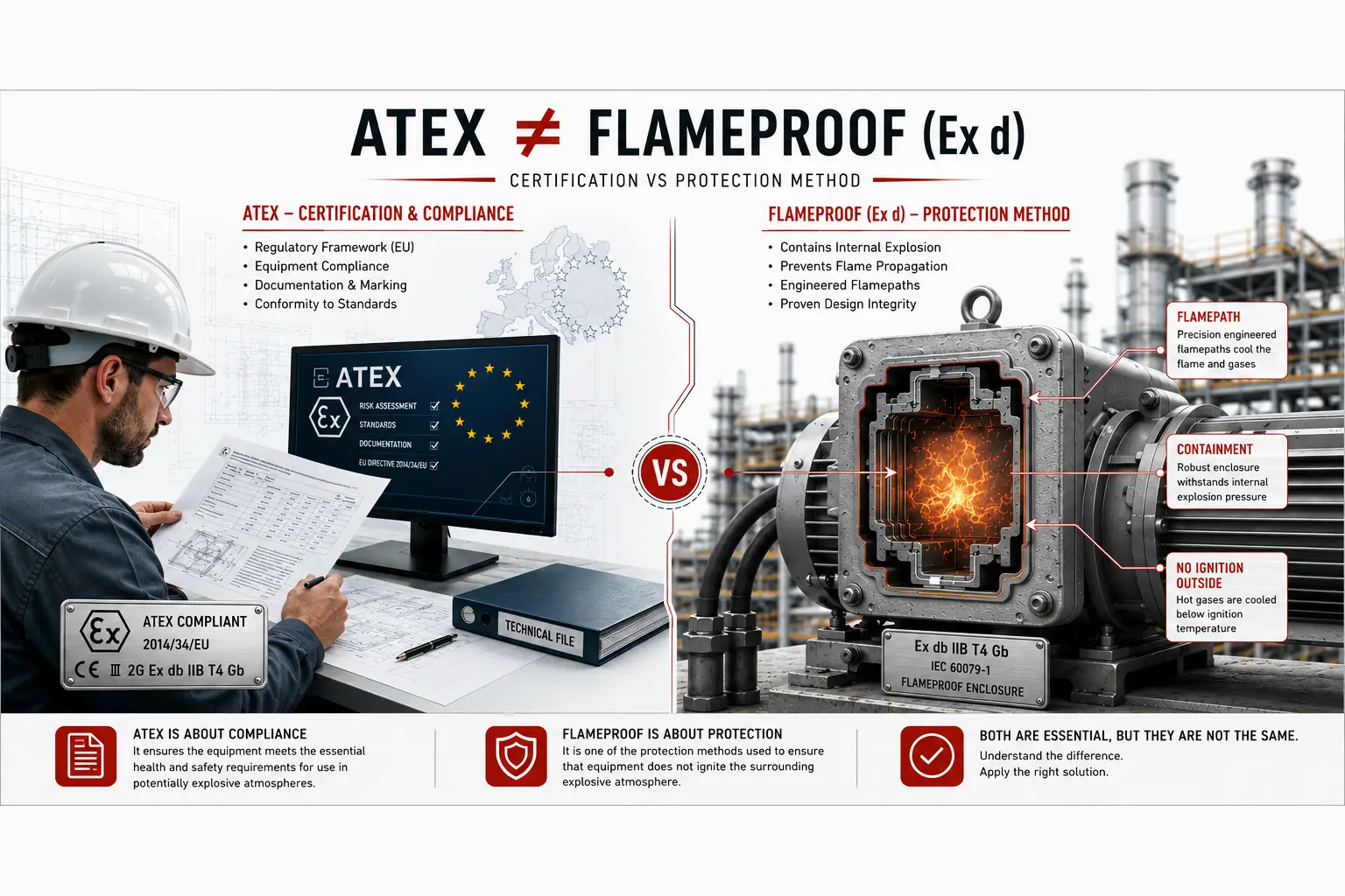 Comparison illustrating the difference between ATEX certification and Flameproof (Ex d) protection for hazardous area equipment under IEC 60079.