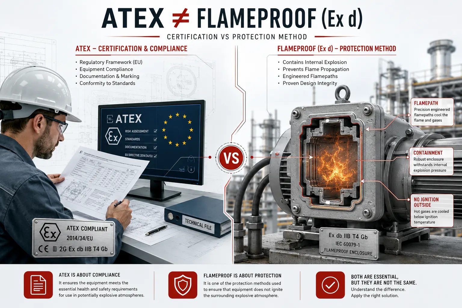 Comparison illustrating the difference between ATEX certification and Flameproof (Ex d) protection for hazardous area equipment under IEC 60079.