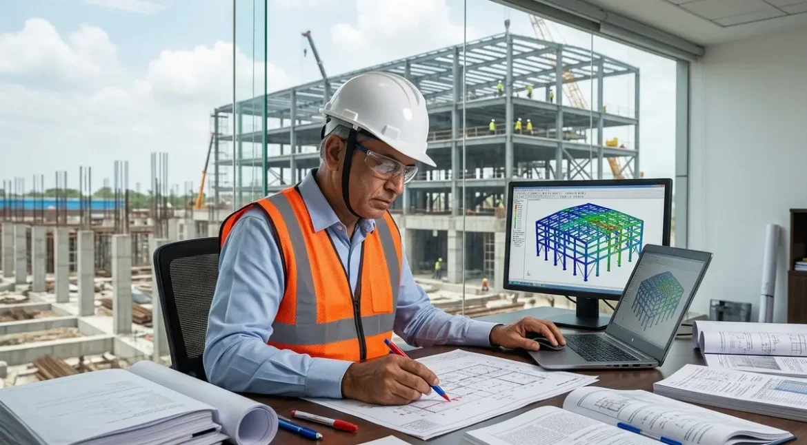 Chartered engineer reviewing structural drawings and engineering calculations for an industrial project