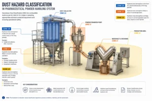 Hazardous Area Classification dust zones including Zone 20, Zone 21, and Zone 22 in a powder handling facility