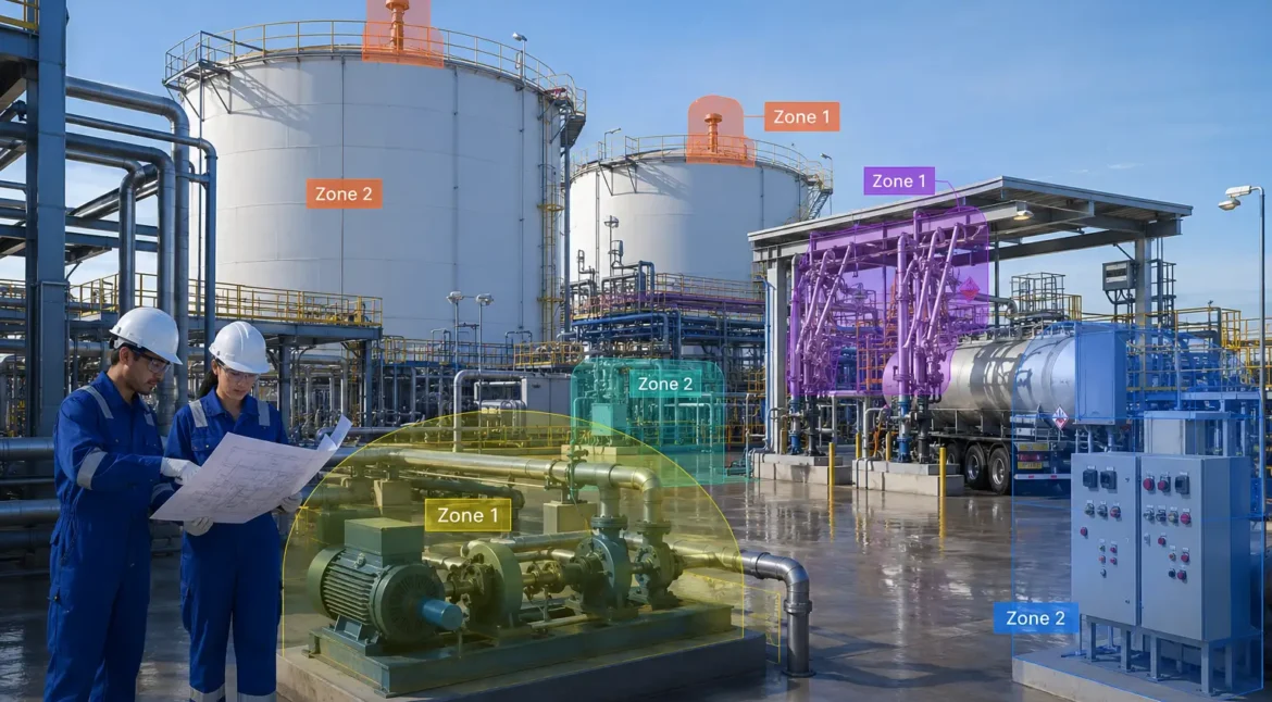 Hazardous Area Classification study showing hazardous zones around industrial process equipment