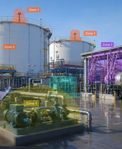 Hazardous Area Classification study showing hazardous zones around industrial process equipment