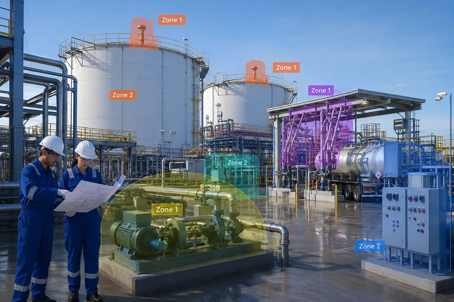 Hazardous Area Classification study showing hazardous zones around industrial process equipment