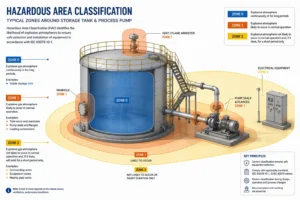 Diagram showing Hazardous Area Classification gas zones including Zone 0, Zone 1, and Zone 2 around industrial equipment
