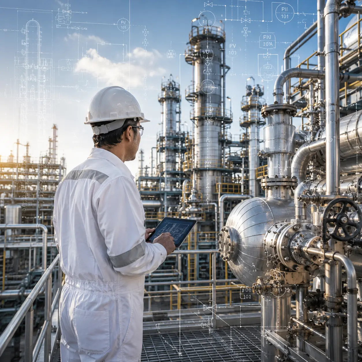 Industrial safety engineer reviewing a process plant as part of engineering risk assessment and safety consultancy services