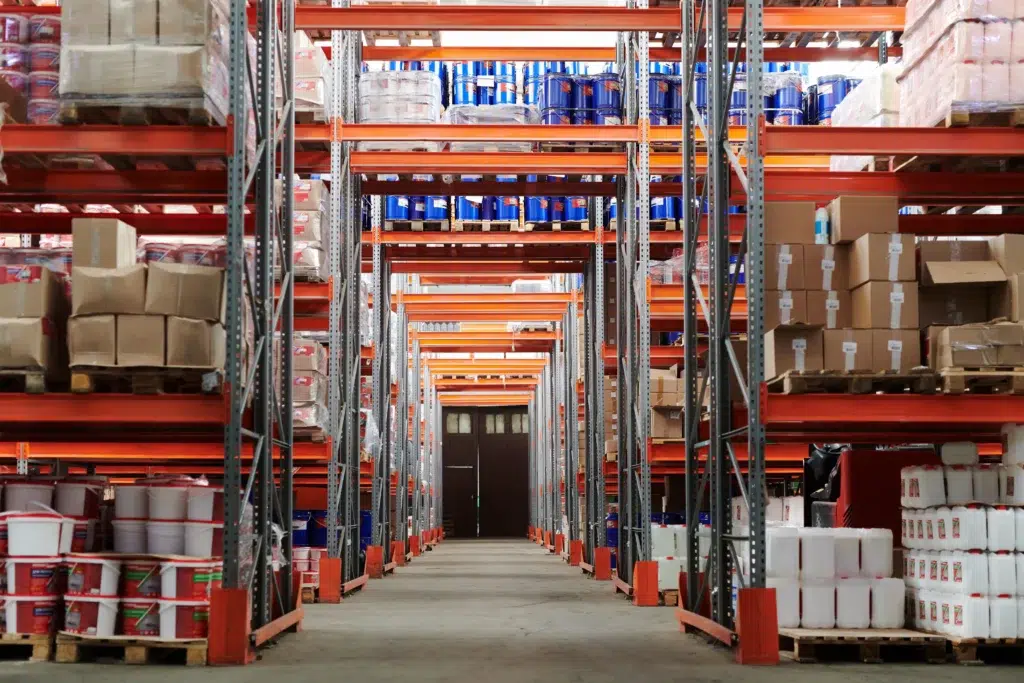 Industrial warehouse and logistics distribution center with storage systems