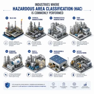 Industries where Hazardous Area Classification is required including oil and gas, pharmaceutical, food processing, and chemical manufacturing