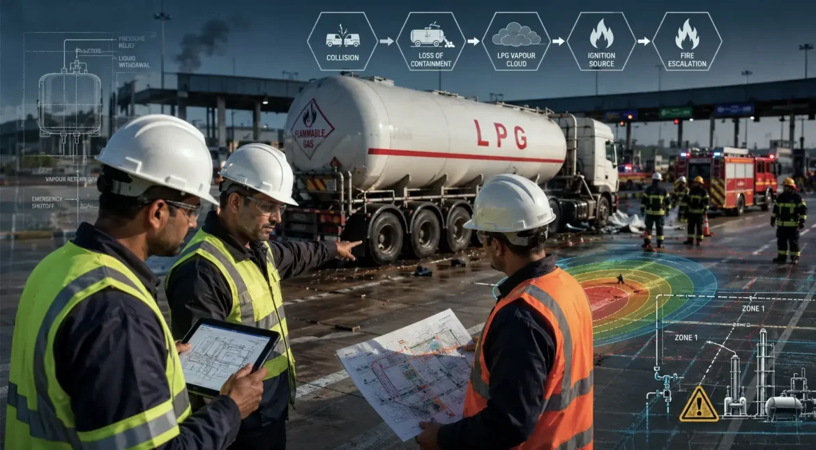 Process safety engineers analysing the Kaushambi LPG tanker incident to assess loss of containment, vapour cloud formation, and fire escalation