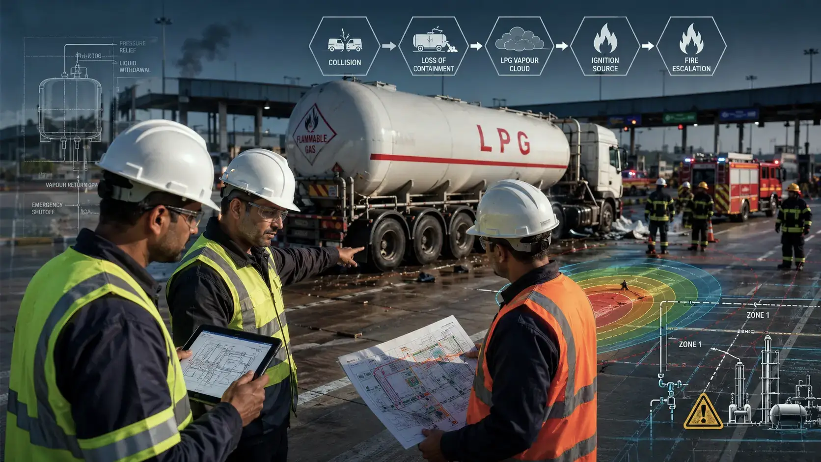 Process safety engineers analysing the Kaushambi LPG tanker incident to assess loss of containment, vapour cloud formation, and fire escalation