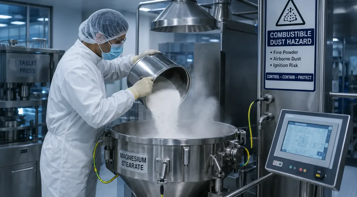 Magnesium Stearate dust explosion hazard during pharmaceutical powder handling and tablet manufacturing