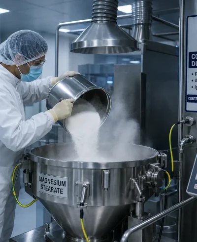Magnesium Stearate dust explosion hazard during pharmaceutical powder handling and tablet manufacturing
