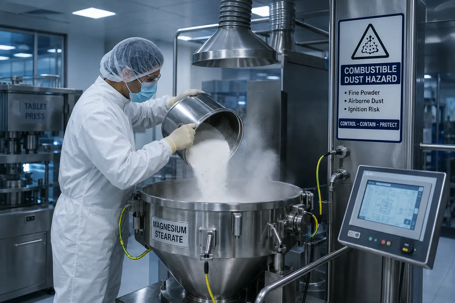 Magnesium Stearate dust explosion hazard during pharmaceutical powder handling and tablet manufacturing
