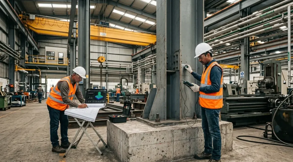 Structural engineer performing NDT testing on an industrial concrete structure