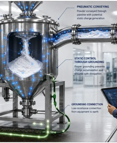 Industrial powder handling system showing effective grounding (earthing) to safely dissipate static electricity and reduce electrostatic hazards during combustible powder processing.