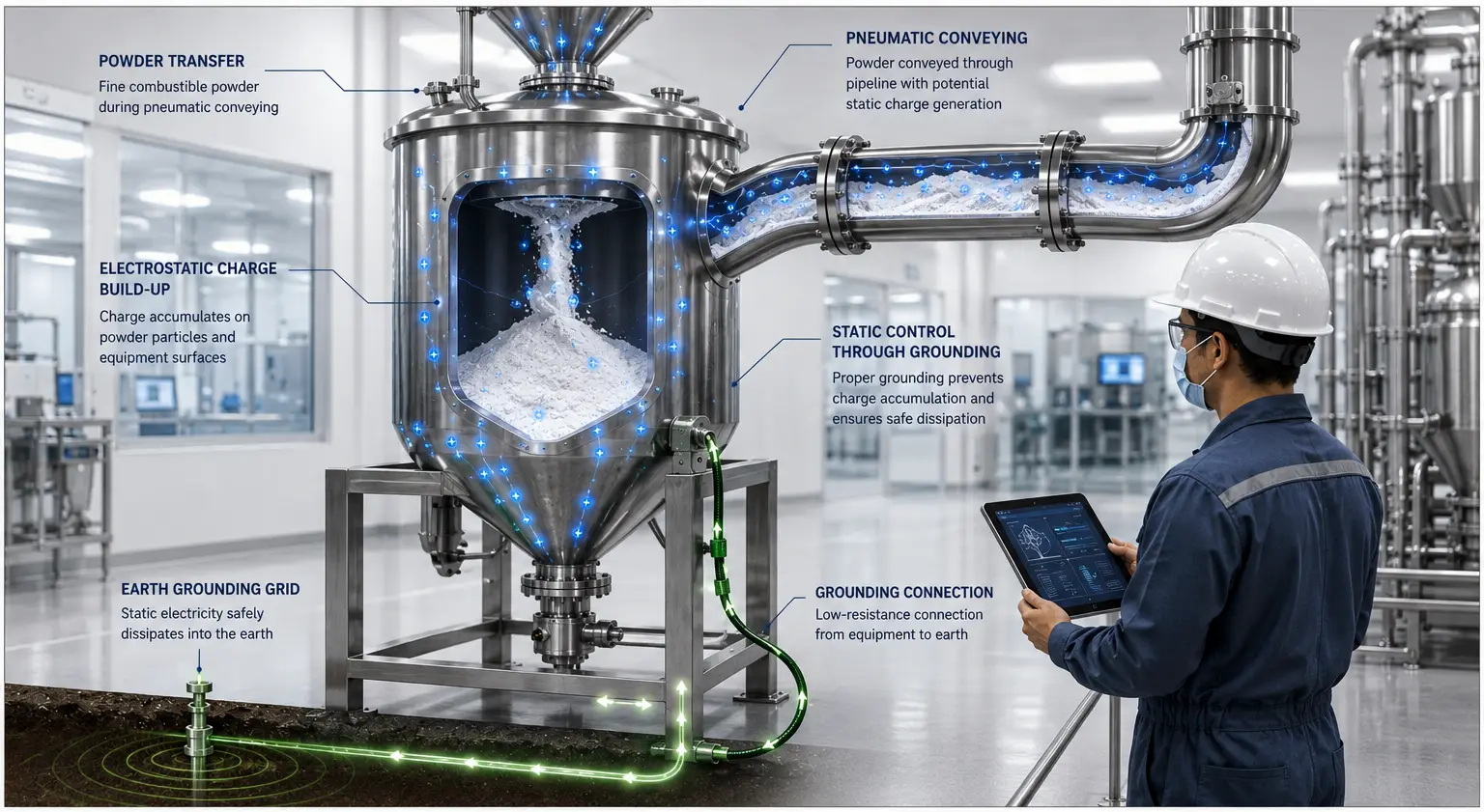 Industrial powder handling system showing effective grounding (earthing) to safely dissipate static electricity and reduce electrostatic hazards during combustible powder processing.