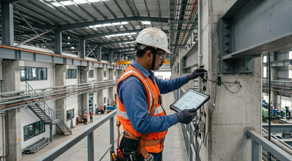 Structural engineer conducting a seismic vulnerability assessment of an industrial building