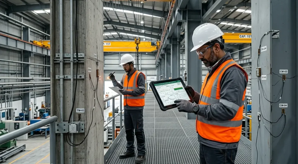 Structural engineer monitoring the condition of an industrial structure using structural health monitoring sensors
