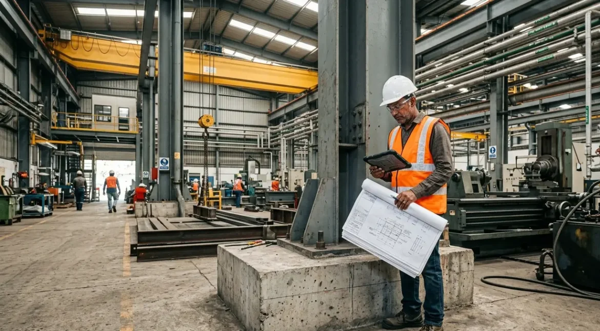 Structural engineer assessing load-bearing capacity and industrial foundations