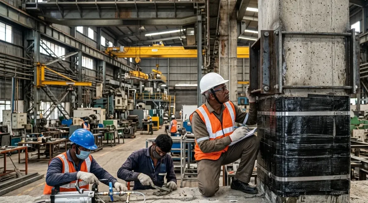 Structural engineer supervising retrofitting and rehabilitation work on an industrial structure