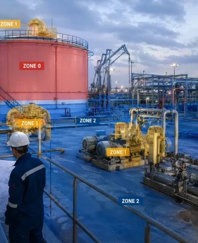 Zone 0 Zone 1 and Zone 2 hazardous area classification around industrial process equipment