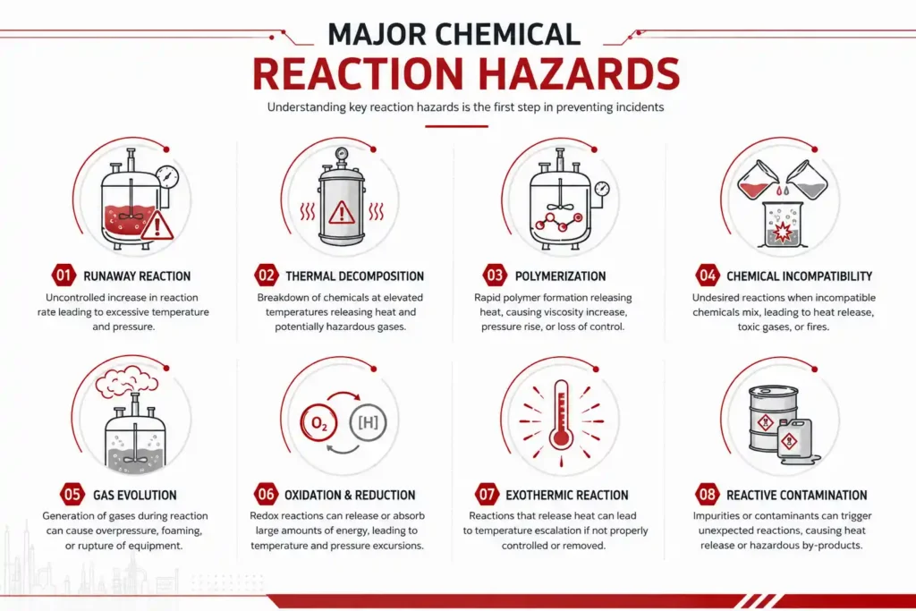 Common industrial chemical reaction hazards evaluated during Chemical Reaction Hazard Assessments