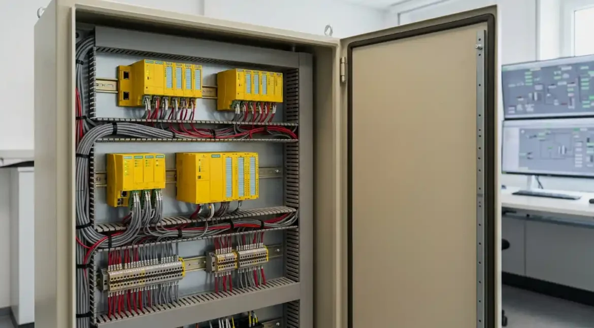 An open safety PLC cabinet featuring yellow safety-rated I/O modules, DIN rail terminal blocks, and organized cable ducting inside a process plant control room