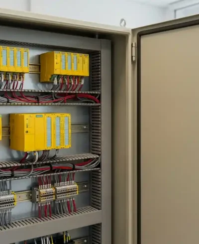 An open safety PLC cabinet featuring yellow safety-rated I/O modules, DIN rail terminal blocks, and organized cable ducting inside a process plant control room