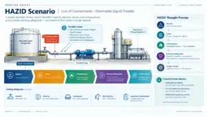 Example HAZID analysis showing a flammable liquid release, consequences and safeguards