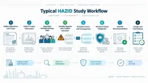 Typical HAZID study workflow from scope definition through hazard identification and action tracking