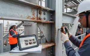Engineer inspecting structural steel at an industrial facility
