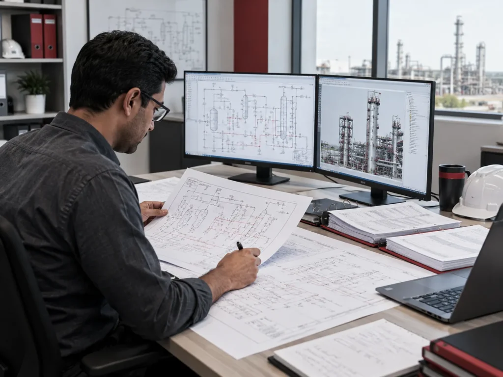 Engineer reviewing process diagrams and equipment documentation for an industrial project.