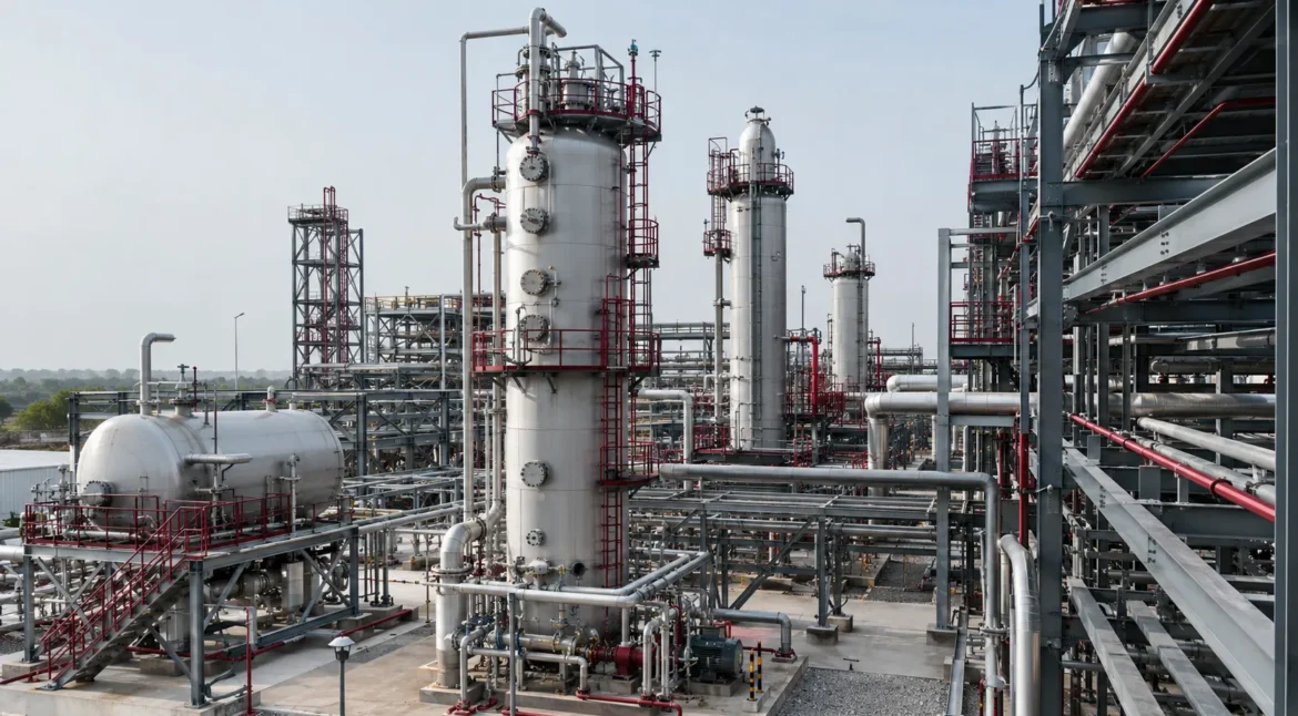 Industrial process plant with equipment, piping and supporting structures