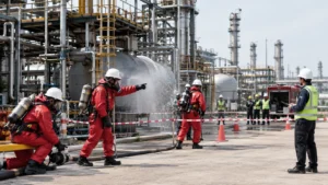 Industrial emergency response team conducting a chemical plant safety drill