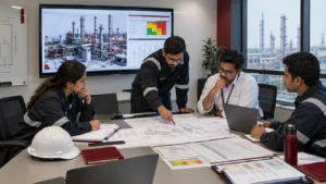 Process safety engineers reviewing chemical plant hazard assessment documentation
