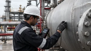 Engineer performing thickness inspection on pressure equipment in a chemical plant