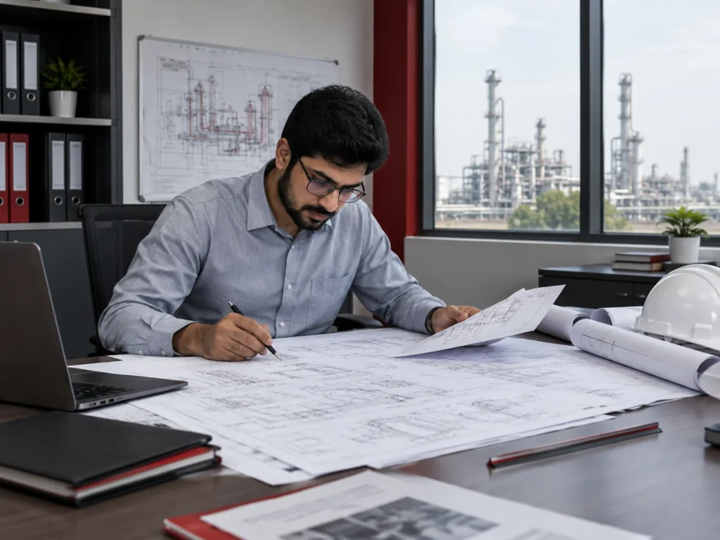 Engineer reviewing technical drawings for an industrial engineering project.